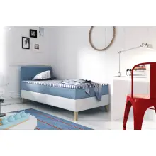 INTARO A10 pojedyncze łóżko kontynentalne z materacem 90x200, zagłowie tapicerowane z pionowymi przeszyciami, z pojemnikiem,  nóżki dębowe